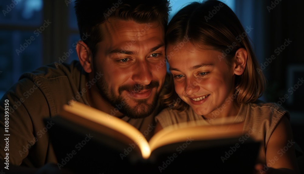 Father reading a fairy tale to his daughter with a warm smile in cozy evening light Father reading a fairy tale to his daughter with a warm smile in cozy evening light