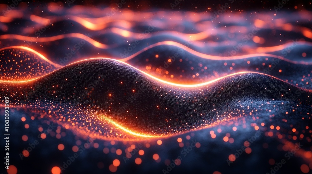 Dynamic 3D Wavy Surface with Sparkling Points in Soft Pink-Orange Glow and Dark Background Dynamic 3D Wavy Surface with Sparkling Points in Soft Pink-Orange Glow and Dark Background