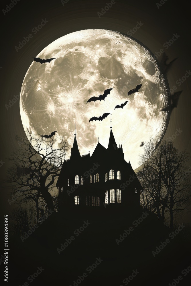Fototapeta premium A haunted house in front of the full moon, with spooky trees and bats flying around it