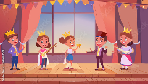 Cute little children cartoon vector illustration. Kids playing drama wearing costume and crown.