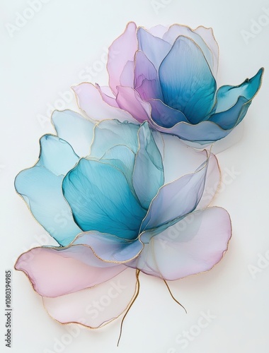 Alcohol ink painting of transparent petals, light blue and teal with pink accents on a white background