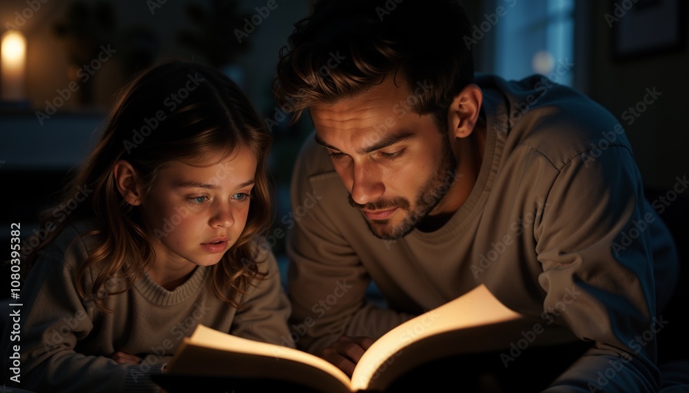 Father and daughter reading a fairy tale together by soft evening light Father and daughter reading a fairy tale together by soft evening light