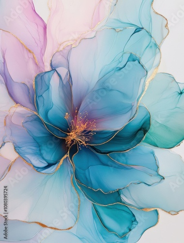 Alcohol ink painting of transparent petals, light blue and teal with pink accents on a white background