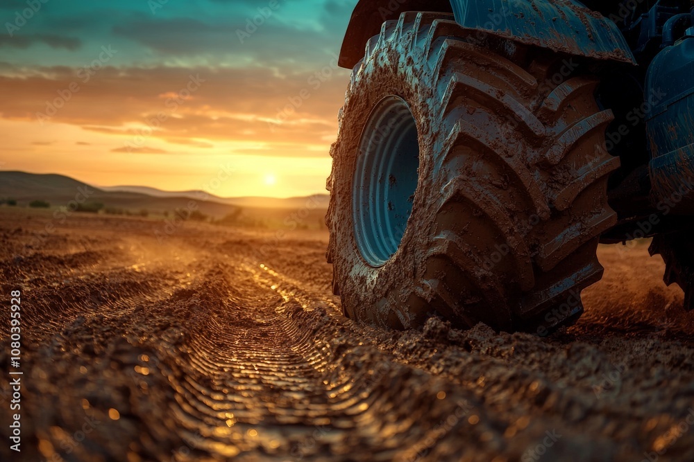 Close-Up of a Muddy Tractor Wheel at Sunset, Highlighting the Texture and Detail of the Terrain and Wheel Patterns in an Agricultural Setting Close-Up of a Muddy Tractor Wheel at Sunset, Highlighting the Texture and Detail of the Terrain and Wheel Patterns in an Agricultural Setting
