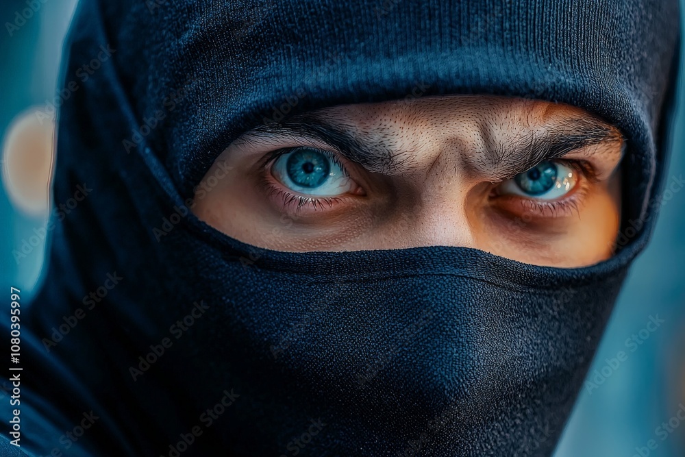 Close-Up Image of a Thief Wearing a Black Balaclava Mask with Intense Blue Eyes, Capturing the Essence of Stealth and Mystery in Urban Settings Close-Up Image of a Thief Wearing a Black Balaclava Mask with Intense Blue Eyes, Capturing the Essence of Stealth and Mystery in Urban Settings