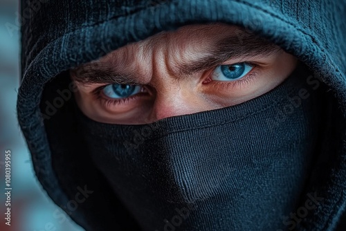 Close-Up of a Thief Wearing a Black Balaclava Mask with Intense Blue Eyes, Highlighting Emotion and Mystery in a Candid Urban Setting photo