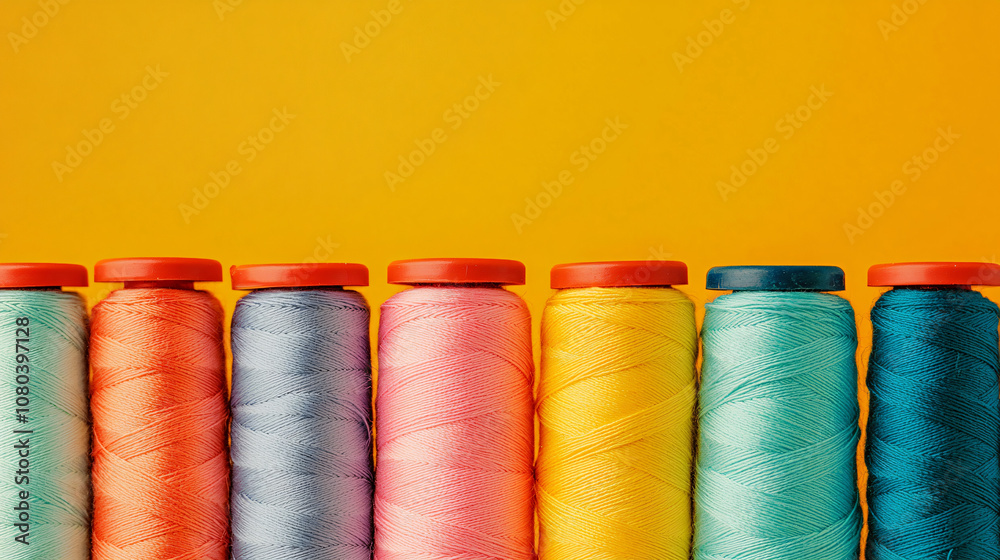 Row of colorful thread bobbins is standing on a yellow background with copy space Row of colorful thread bobbins is standing on a yellow background with copy space