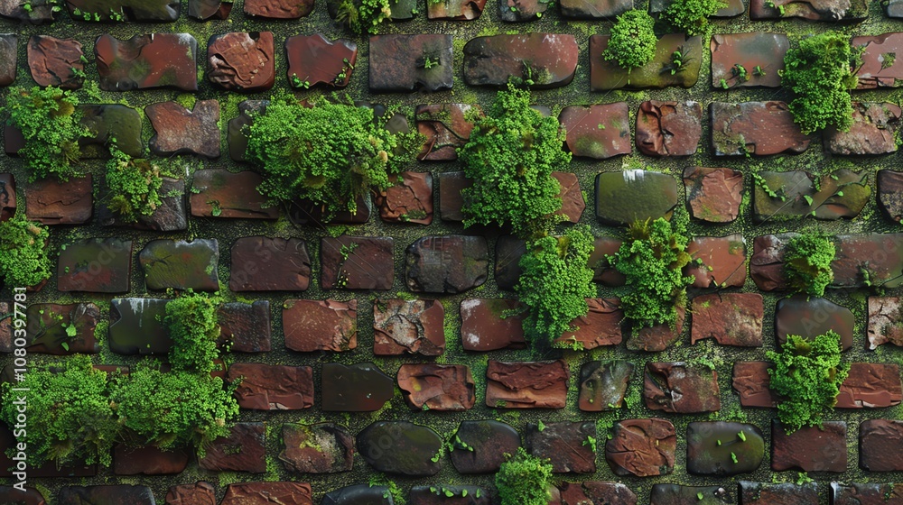 A brick wall covered in moss, showing the texture of the bricks and the vibrant green of the moss. A brick wall covered in moss, showing the texture of the bricks and the vibrant green of the moss.