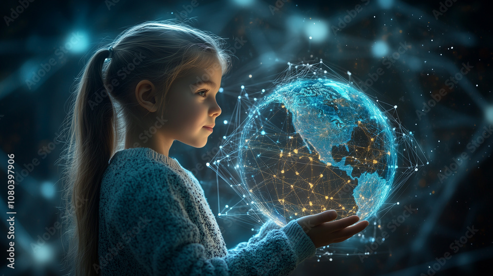 Naklejka premium A young girl stands confidently, holding a globe surrounded by floating digital data and interconnected lines, emphasizing the theme of World