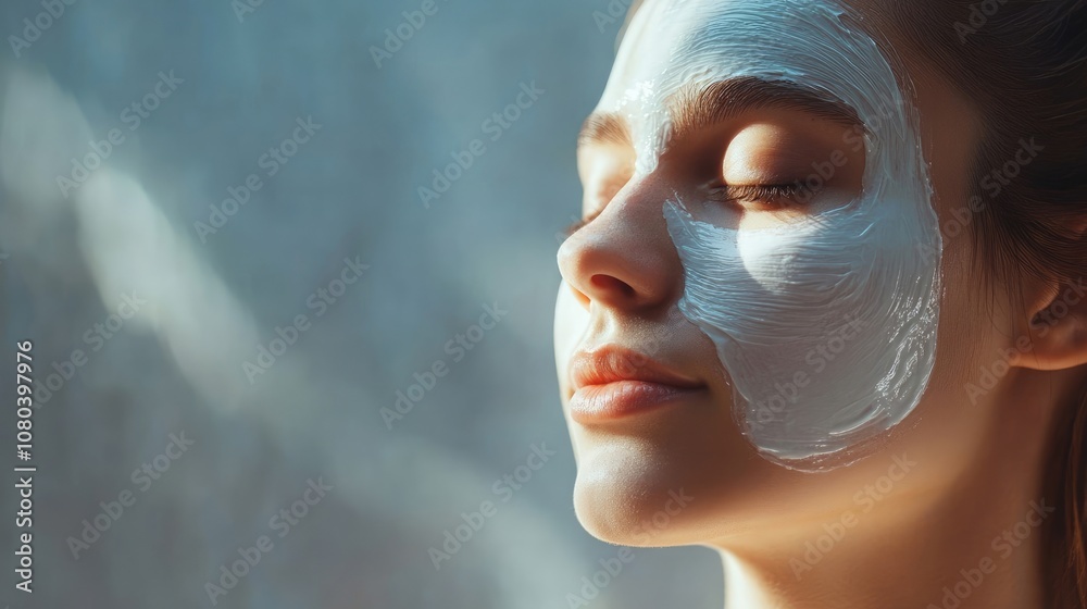 Close-Up of Woman with White Cream Face Mask in Beauty Salon with Sunlight