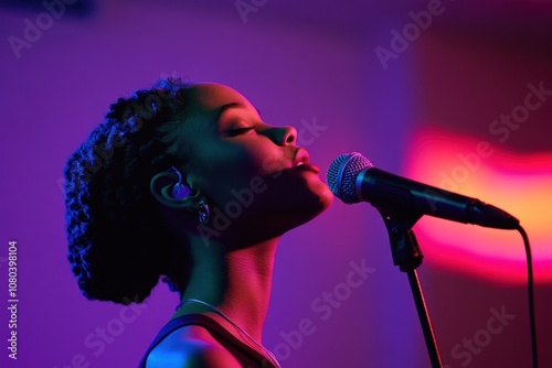 African American female singer sings sensually on stage in neon lighting