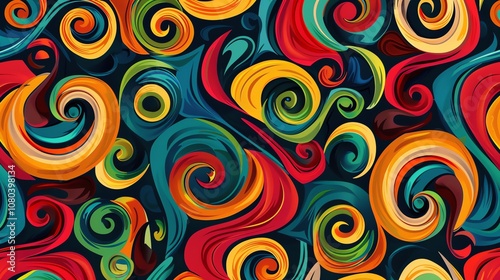 An abstract pattern of colorful swirls and shapes.