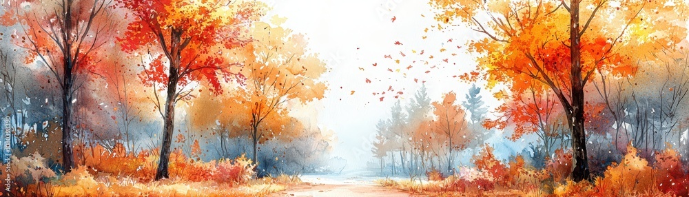 Create a serene watercolor painting of a quaint autumn scene featuring a small pathway amidst vibrant foliage Create a serene watercolor painting of a quaint autumn scene featuring a small pathway amidst vibrant foliage