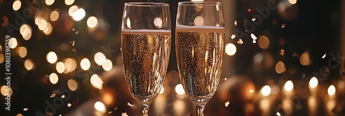 A pair of champagne glasses filled to the brim, reflecting golden sparkles with an elegant backdrop of softly diffused light, evoking celebration and togetherness. photo