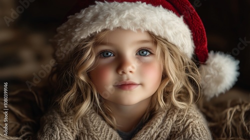 A child wearing a Santa hat, wrapped in a cozy sweater, sharing a warm smile.