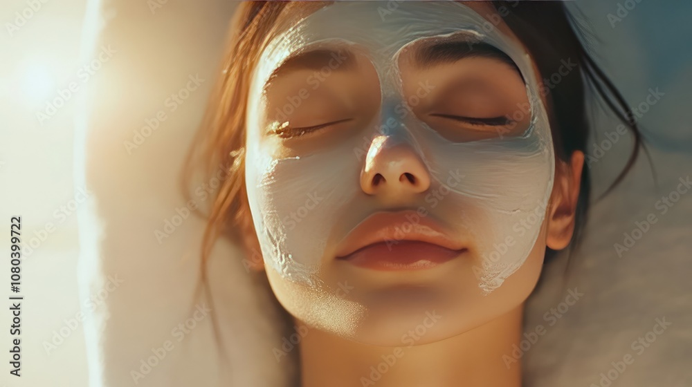 Close-Up of Woman with White Cream Face Mask in Beauty Salon with Sunlight Close-Up of Woman with White Cream Face Mask in Beauty Salon with Sunlight