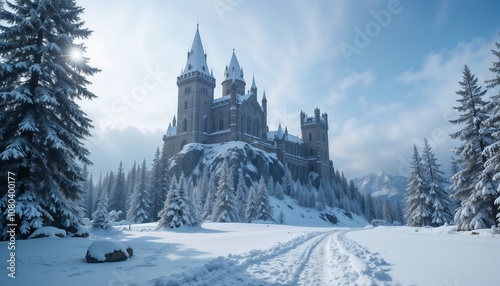 Dreamy castle surrounded by snow-covered trees in a winter wonderland setting