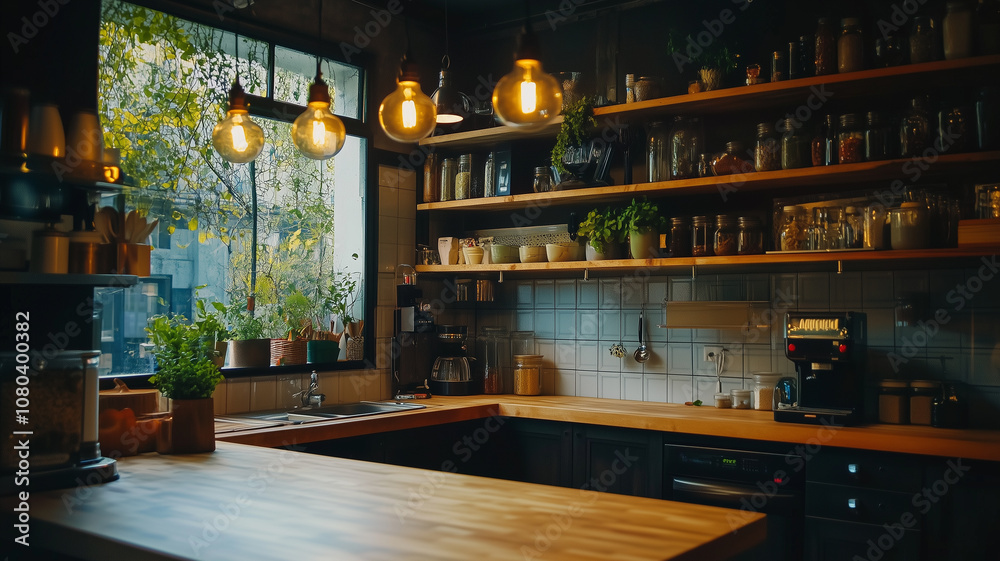 Cozy and stylish kitchen with wooden countertops, hanging pendant lights, and an open shelving system Cozy and stylish kitchen with wooden countertops, hanging pendant lights, and an open shelving system