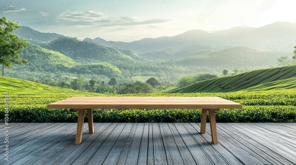 Wooden table overlooking green mountains. This image can be used for advertisements or promotions related to nature, relaxation, and travel. Wooden table overlooking green mountains. This image can be used for advertisements or promotions related to nature, relaxation, and travel.