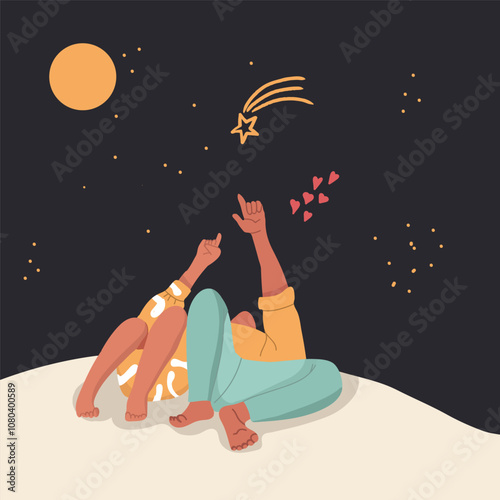 Back view of a couple in love lying outdoors under the stars during a romantic evening together. The man and woman are looking up at the stars. Concept of love and relationship. Hand drawn vector.