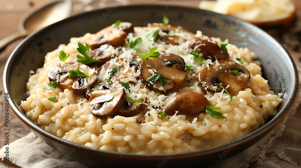 A Bowl of Creamy Risotto with Sautéed Mushrooms, Rich Parmesan Cheese, and a Perfectly Velvety Texture, Ideal for a Cozy Dinner or Special Occasion