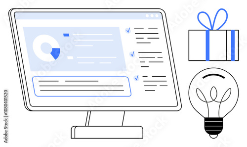 Computer screen with data analysis, pie chart, and checklist. Nearby, a gift box with blue ribbon and a lit light bulb. Ideal for productivity, innovation, business, technology creativity analysis