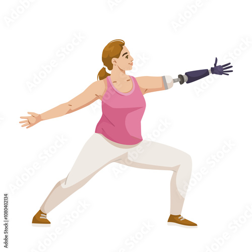 A woman in a yoga pose showcasing a prosthetic arm. Minimalist style, white background. Concept of empowerment. Vector illustration