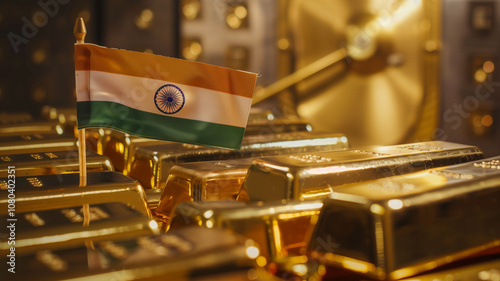 The India flag displayed on a golden plant next to neatly stacked gold bars with a blurred vault door in the background