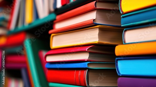 Wallpaper Mural Colorful stacked books on a shelf with a blurred background. Torontodigital.ca