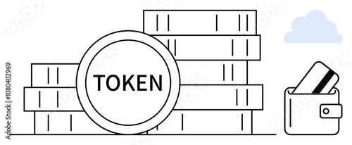 Stacks of tokens labeled TOKEN next to a wallet holding a credit card and a cloud above. Ideal for finance, cryptocurrency, digital wallets, online transactions, fintech, security, investment. Line