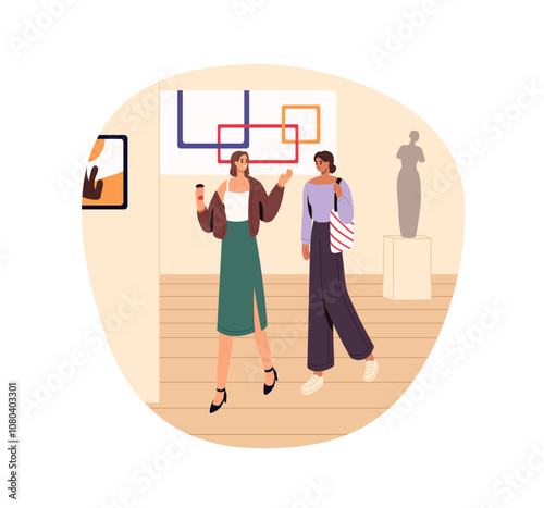 Friends walk in art gallery. People discuss abstract pictures, looking at paintings, sculptures. Visitors are in exposition, museum exhibition. Flat isolated vector illustration on white background