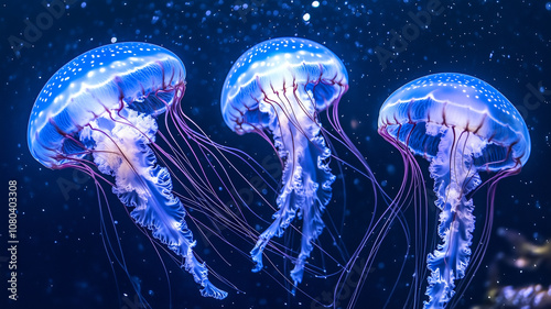 Three glowing bioluminescent jellyfish with long, ethereal tentacles gently drifting through a dark ocean, their light contrasting against scattered stars in the background