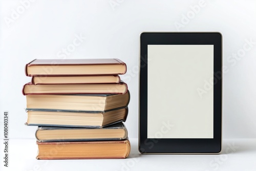 a tablet next to a stack of books