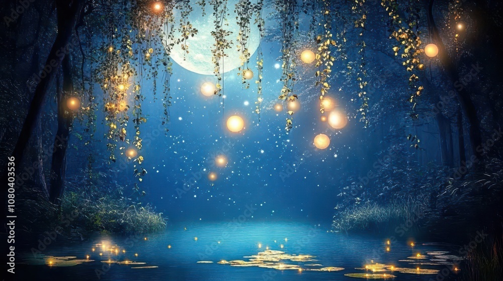 Obraz premium A mystical night forest with shimmering vines and glowing moonlit ponds