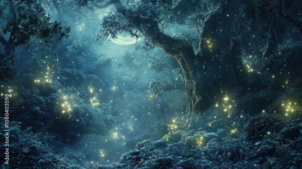 Obraz premium A glowing forest with shimmering crystals and moss under soft moonlight