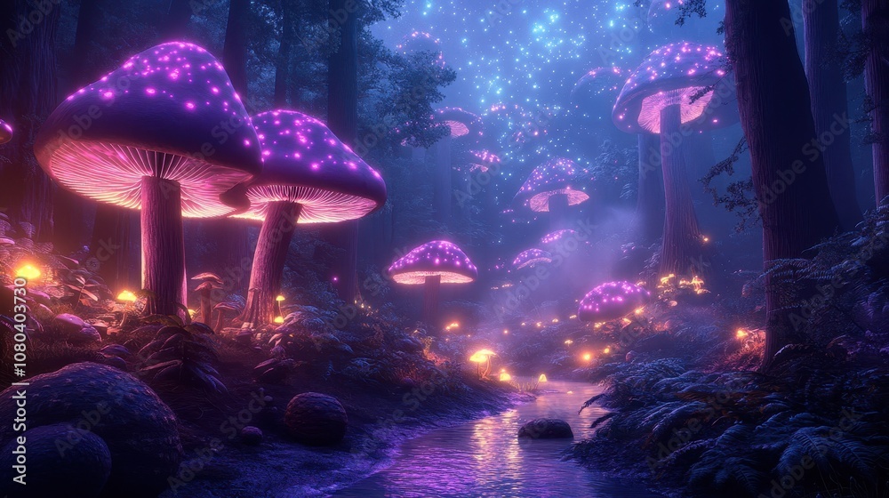 Obraz premium A forest with massive glowing mushrooms and purple rivers through fog