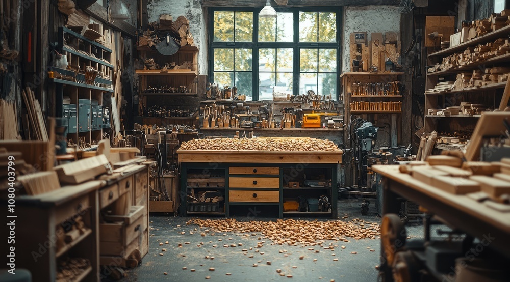 A cluttered woodworking shop with sawdust on the floor and workbenches filled with tools and wood. A cluttered woodworking shop with sawdust on the floor and workbenches filled with tools and wood.
