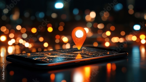 Smartphone with map and location pin against a blurred light background. photo