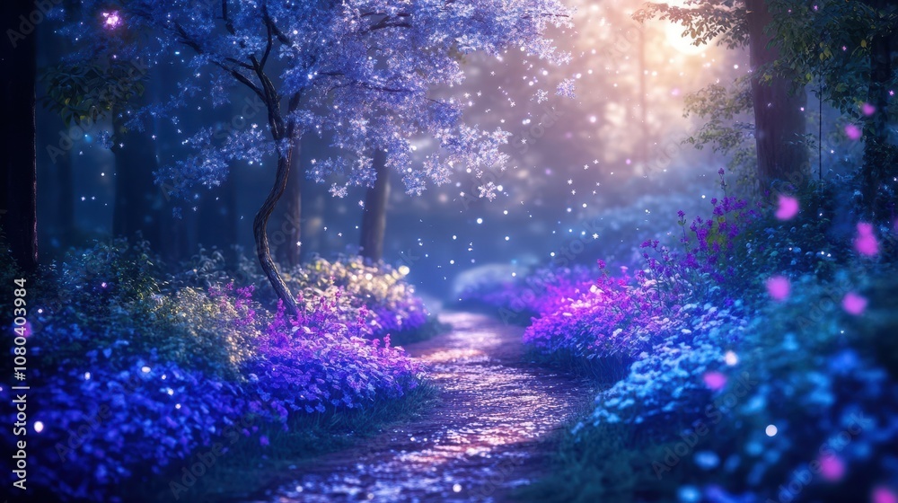 Naklejka premium Glowing glass trees and vibrant flowers form a moonlit night scene