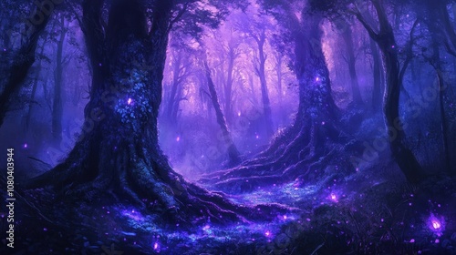 Massive trees glow in purple and blue light with misty air drifting