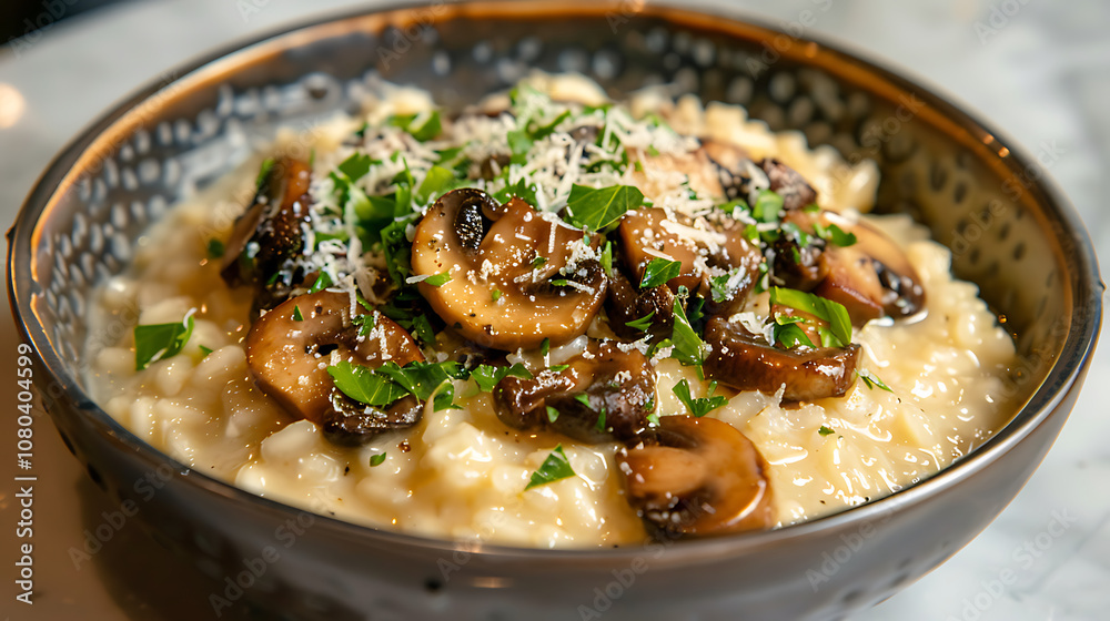 A Bowl of Creamy Risotto with Sautéed Mushrooms, Rich Parmesan Cheese, and a Perfectly Velvety Texture, Ideal for a Cozy Dinner or Special Occasion A Bowl of Creamy Risotto with Sautéed Mushrooms, Rich Parmesan Cheese, and a Perfectly Velvety Texture, Ideal for a Cozy Dinner or Special Occasion
