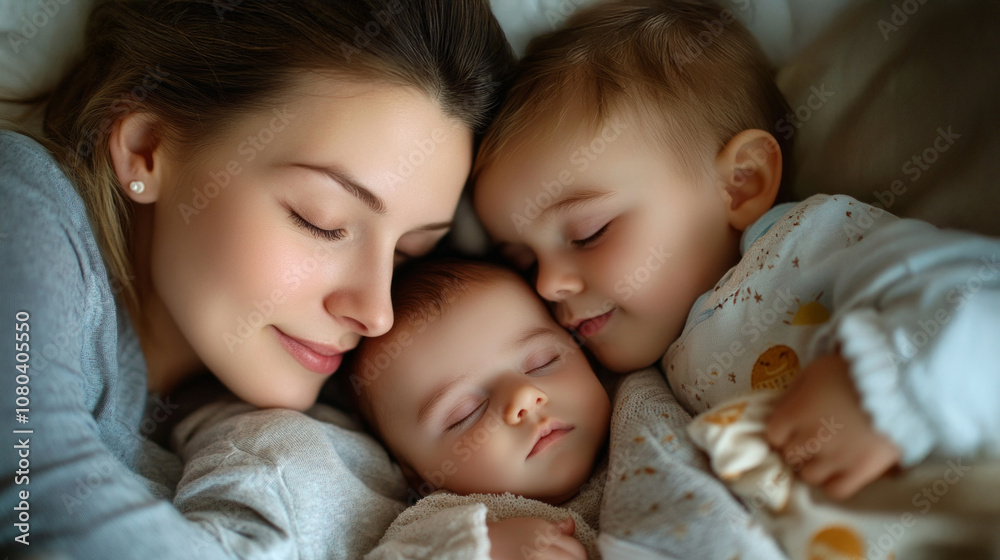 A mother lovingly embraces her children for a heartfelt goodnight in a cozy evening setting while they are peacefully resting A mother lovingly embraces her children for a heartfelt goodnight in a cozy evening setting while they are peacefully resting