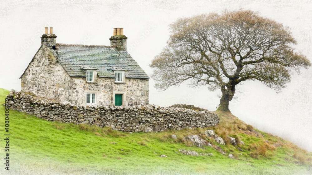A rustic stone house beside a solitary tree on a grassy hill. A rustic stone house beside a solitary tree on a grassy hill.