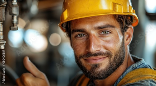 A construction worker gives a thumbs up while wearing a hard hat.