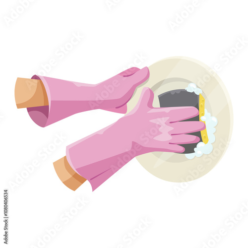 Two hands in pink gloves washing a plate with soap on a white background. Vector illustration