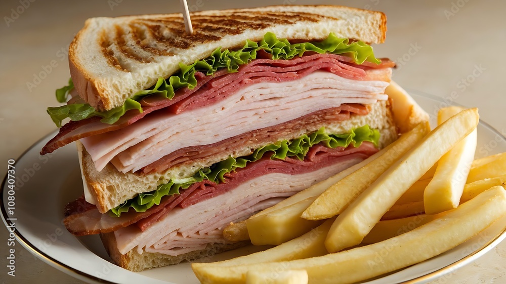 Classic club sandwich with layers of turkey, bacon, lettuce, and tomato on toasted bread, served with fries Classic club sandwich with layers of turkey, bacon, lettuce, and tomato on toasted bread, served with fries