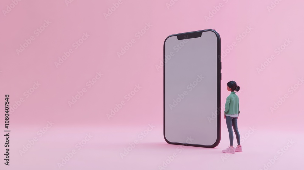 A small figure stands beside a large smartphone against a pink background.
