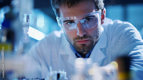 A focused scientist in protective glasses conducts experiments in a modern laboratory setting during the evening