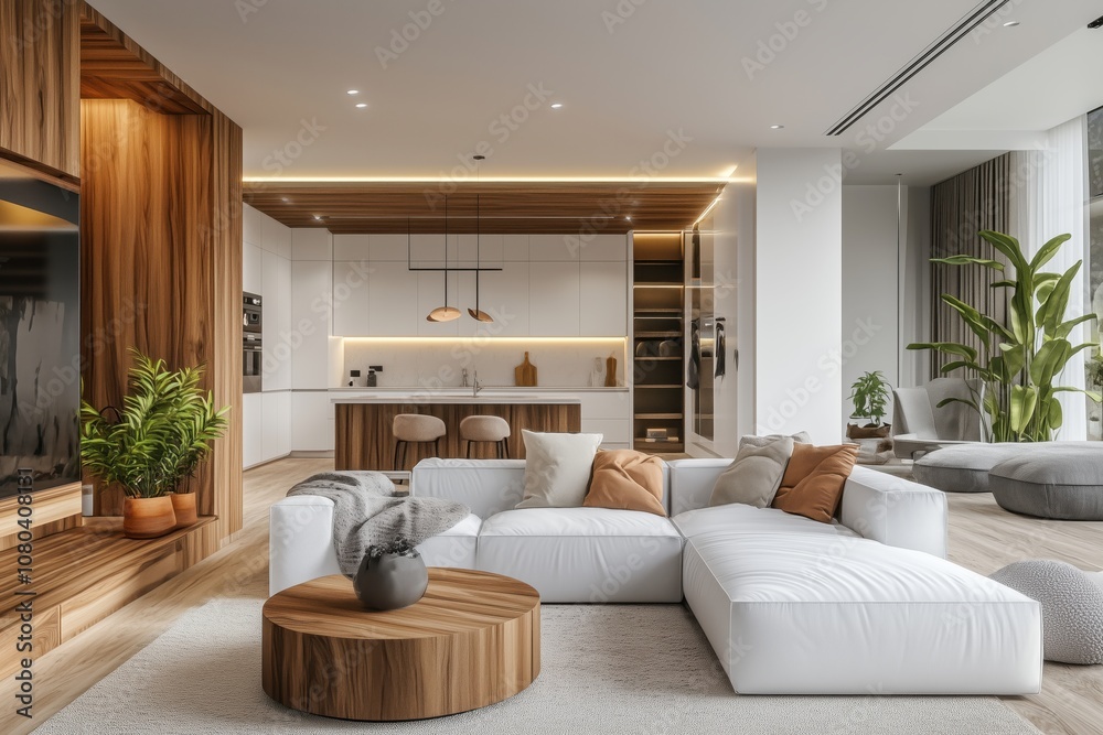 The luxurious interior of the living room and kitchen in a modern house.white color and wooden materials The luxurious interior of the living room and kitchen in a modern house.white color and wooden materials