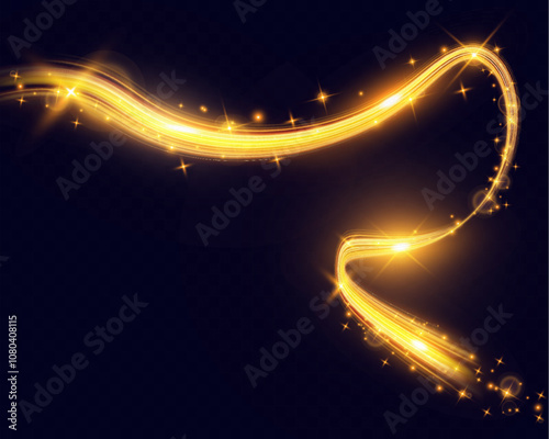 A vibrant, glowing light trail or streak in a golden yellow hue with sparkling highlights on a dark background. This abstract, magical design has a smooth, curved flow with bright shimmering .